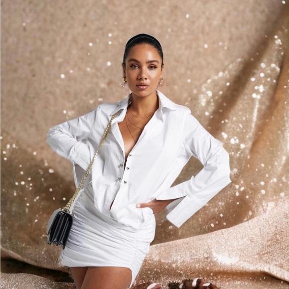 NEW By Dyln White Mini Shirt Dress Noa Long Sleeves Asymmetrical Hem Small - Picture 2 of 7